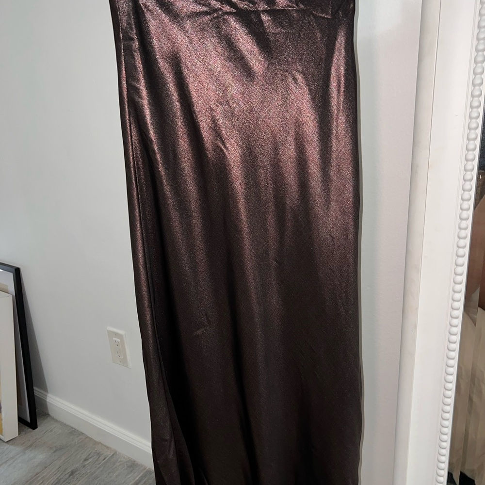 Elegant Brown/Bronze Metalic Satin Midi Skirt